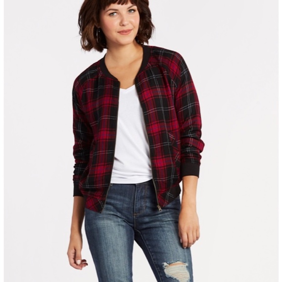 🎉Peyton Jensen Plaid Bomber Jacket, Size M,Red/Black/Royal Blue - Picture 8 of 9